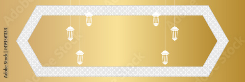 Islamic background, Gift box, lantern, white gold crescent moon on white. Design concept of ramadan kareem, mawlid, iftar,isra and miraj or eid al fitr adha, copy space text area. Vector illustration