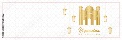 Islamic background, Gift box, lantern, white gold crescent moon on white. Design concept of ramadan kareem, mawlid, iftar,isra and miraj or eid al fitr adha, copy space text area. Vector illustration