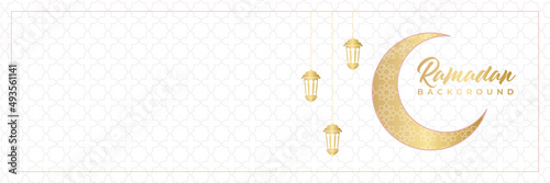 Islamic background, Gift box, lantern, white gold crescent moon on white. Design concept of ramadan kareem, mawlid, iftar,isra and miraj or eid al fitr adha, copy space text area. Vector illustration