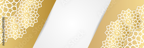 Islamic background, Gift box, lantern, white gold crescent moon on white. Design concept of ramadan kareem, mawlid, iftar,isra and miraj or eid al fitr adha, copy space text area. Vector illustration