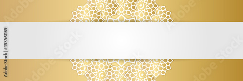 Islamic background, Gift box, lantern, white gold crescent moon on white. Design concept of ramadan kareem, mawlid, iftar,isra and miraj or eid al fitr adha, copy space text area. Vector illustration