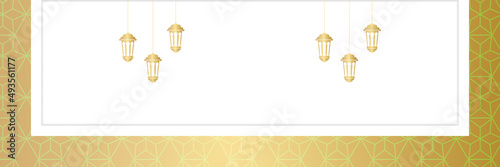 Islamic background, Gift box, lantern, white gold crescent moon on white. Design concept of ramadan kareem, mawlid, iftar,isra and miraj or eid al fitr adha, copy space text area. Vector illustration