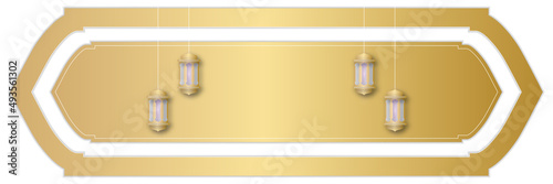 Islamic background, Gift box, lantern, white gold crescent moon on white. Design concept of ramadan kareem, mawlid, iftar,isra and miraj or eid al fitr adha, copy space text area. Vector illustration