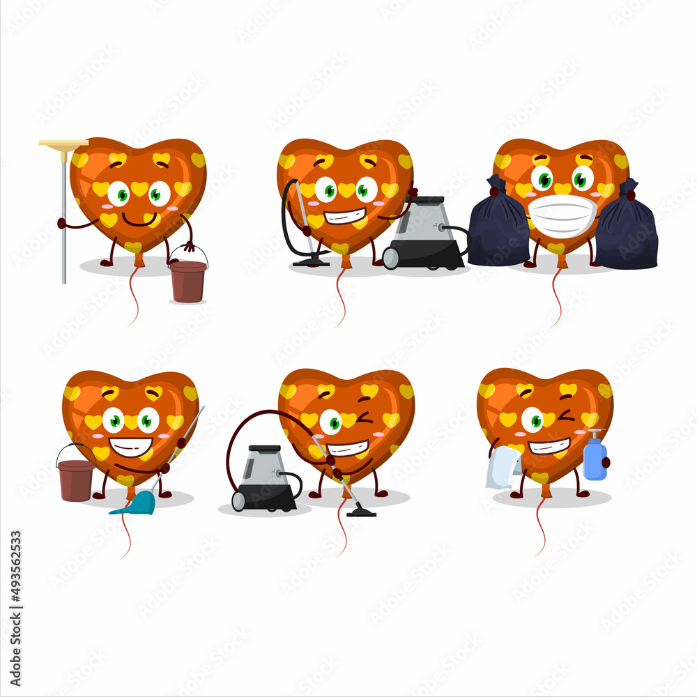 Cleaning service orange love balloon cute cartoon character using mop Cleaning service orange love balloon cute cartoon character using mop