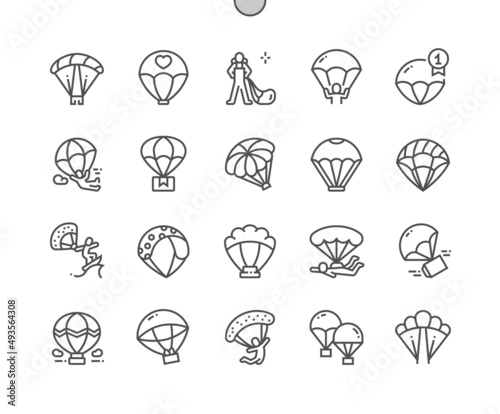 Parachuting. Surfing with parachute. Skydiving. Activity leisure and extreme. Pixel Perfect Vector Thin Line Icons. Simple Minimal Pictogram photo