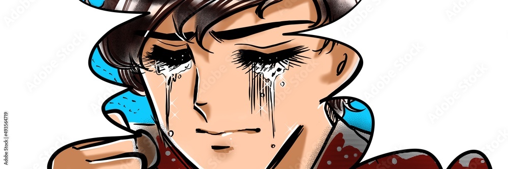 70年代少女漫画拳を握り失恋に泣く天然パーマのイケメン少年のイラストと吹き出し Stock イラスト Adobe Stock