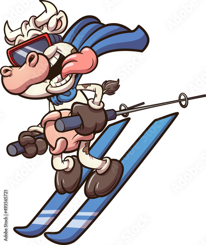Cartoon skiing super cow with tongue out. Vector clip art illustration with simple gradients. All on a single layer.
