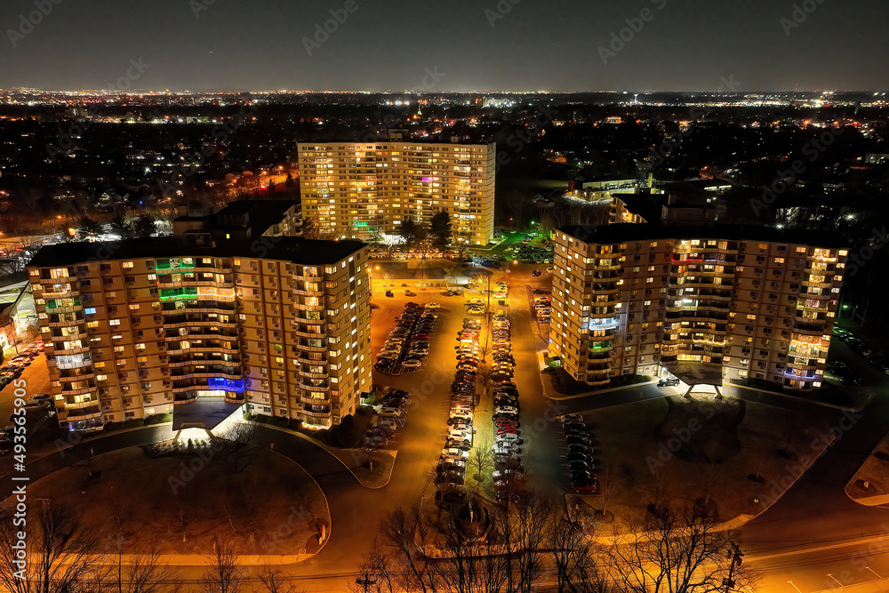 Aerial Drone View of Apartment Condo Community at Night 