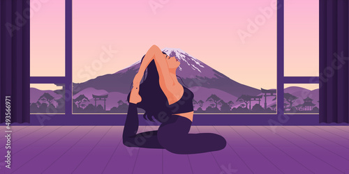 Vector illustration depicting an evening meditation in nature. A beautiful girl doing yoga. Asian city and mountain in the background
