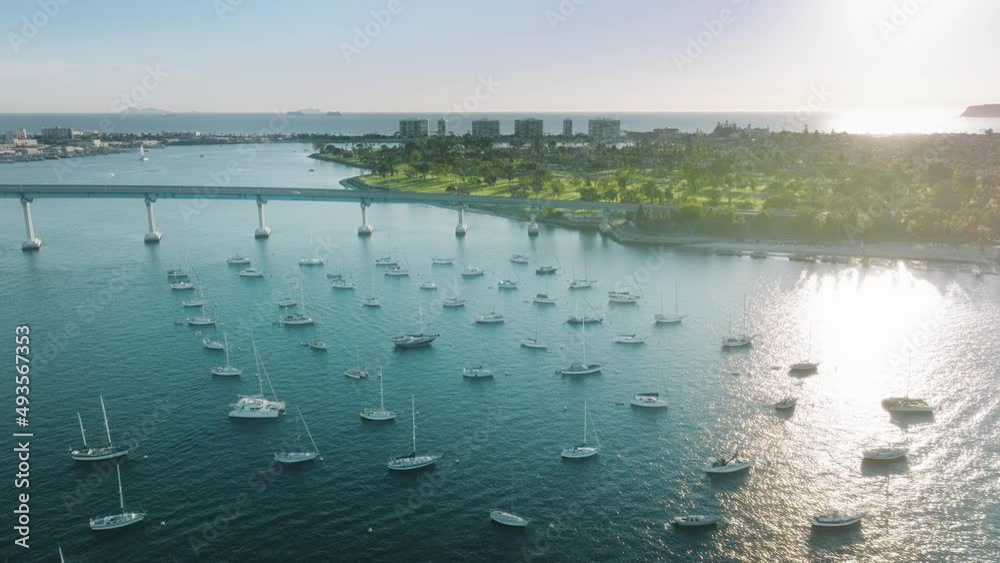 Stunning drone aerial shot over Coronado island bay, flying above San Diego USA