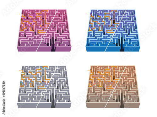 4 colors labyrinths / mazes 6 with solution game for kids (ID: 493567380)