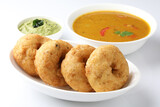 Vada or Medu vadai with sambar and chutney - Popular South Indian snack or breakfast