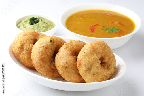 Vada or Medu vadai with sambar and chutney - Popular South Indian snack or breakfast photo