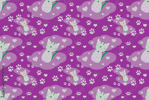 Seamless cute cat pattern,cartoon style light gray kitten,for fabric,printing,cat wallpaper on purple background.