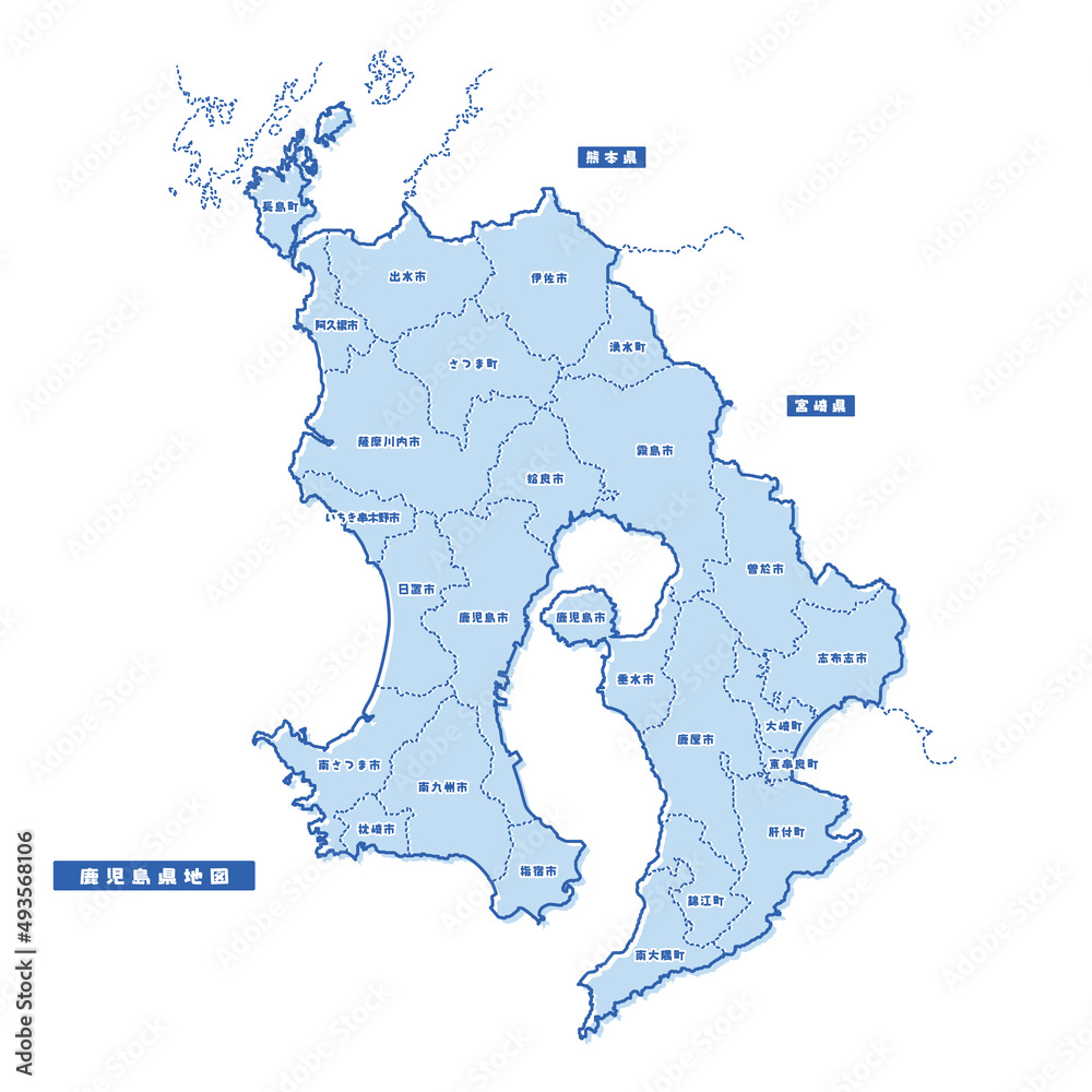 Fototapeta premium 鹿児島県地図 シンプル淡青 市区町村