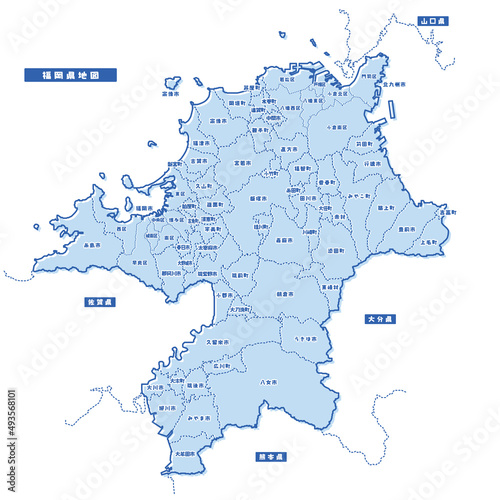 福岡県地図 シンプル淡青 市区町村