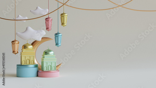 islamic ramadan greetings background with 3d empty mosque and colorful islamic ramadan ornaments