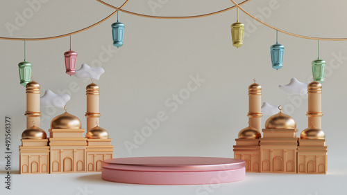 islamic ramadan greetings background with 3d empty mosque and colorful islamic ramadan ornaments