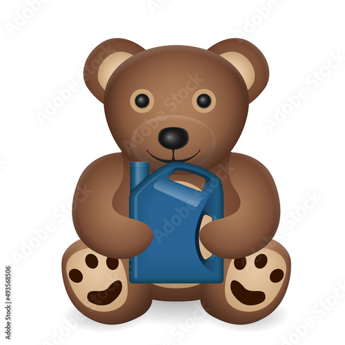 Teddy bear with motor oil bottle
