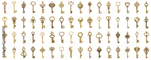 Set of 64 vintage antique keys isolated on white