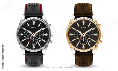 Realistic watch clock chronograph silver gold leather strap black brown collection on white design classic luxury vector