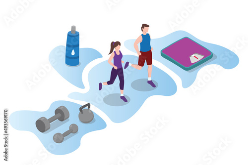 man and woman walking or running jogging with some equipment like diet scale drink water and dumbell with modern isometric style