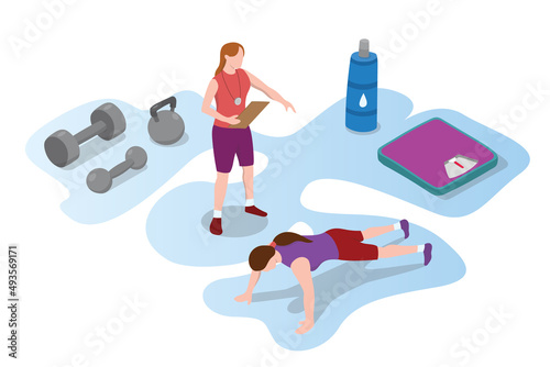 pt personal trainer health for health sport with woman female with modern isometric style