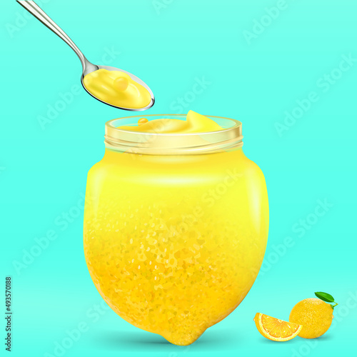 Yellow cream or milk fruit yogurt of lime color in an open glass transparent jar on blue background. 