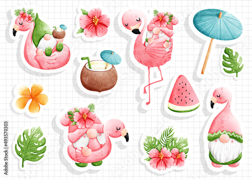 Gnome safari, cute flamingo gnomes, vector illustration