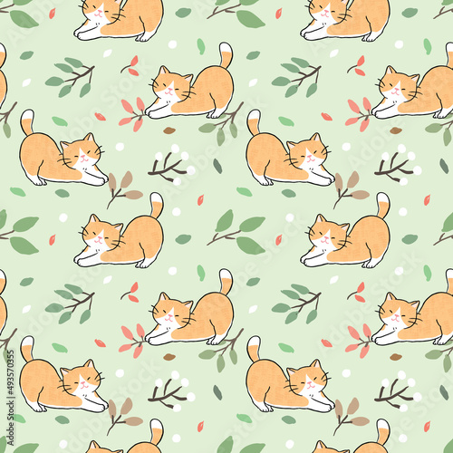 Seamless Pattern of Cute Ginger Cat and Leaf Design on Light Green Background