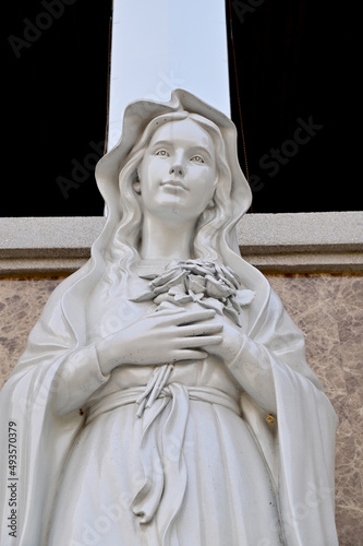 Close-up of Statue of Our lady of grace virgin Mary located in front of the church with natural background, Thailand. selective focus.