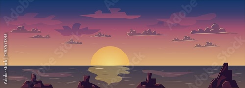Sunset Beach Game Background Vector Illustration
