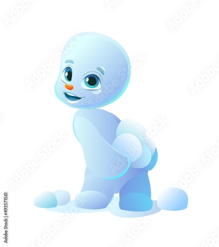 Little snowman prepared snowballs for game. Cartoon person stands and smiles. Fun style. Child kid. Isolated on white background. Vector