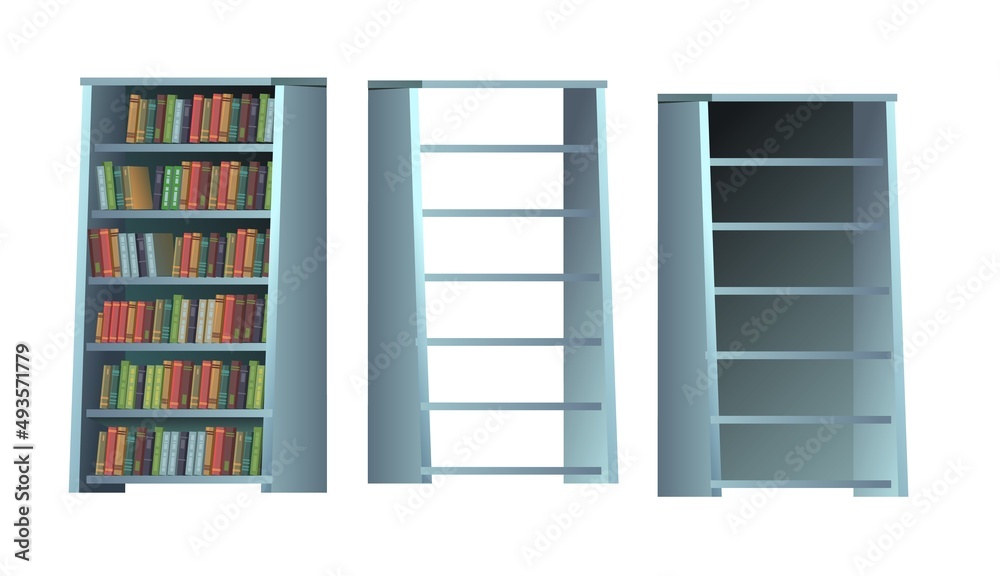 Set of bookshelves for library and study. Different books. Modern minimalistic furniture design. Cartoon style. Object isolated on white background. Vector Set of bookshelves for library and study. Different books. Modern minimalistic furniture design. Cartoon style. Object isolated on white background. Vector
