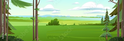 View from the coniferous forest to rural fields.. Beautiful summer landscape with trees. Green pines and ate. Illustration in cartoon style flat design. Vector