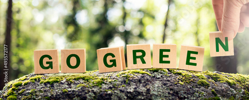 go green is an ecological concept of a green world and planet. text letters on cubes in the forest against the natural background of the forest panoramic photo