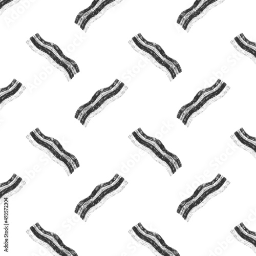 Hand drawn vector illustration of raw bacon slices pattern on white background.. Drawing,ink,line art.  food wallpaper. 