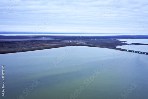 steppe plain landscape lake in the middle of fields