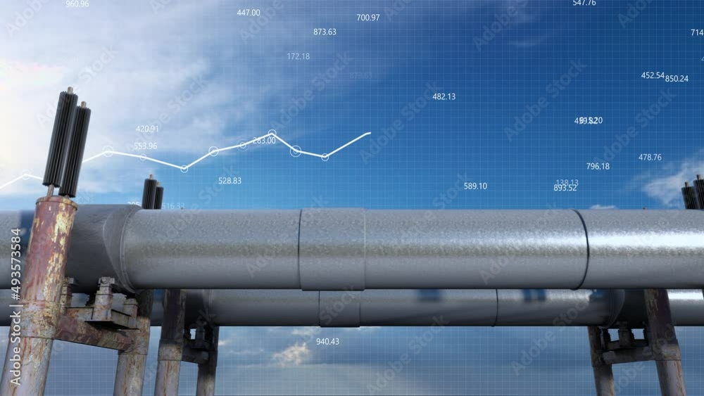 The gas pipeline against the infographic with a growing chart with rising energy prices on the stock market. Fuel transportation and the growing rates and cost of crude oil on the stock market. The gas pipeline against the infographic with a growing chart with rising energy prices on the stock market. Fuel transportation and the growing rates and cost of crude oil on the stock market.