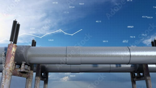 The gas pipeline against the infographic with a growing chart with rising energy prices on the stock market. Fuel transportation and the growing rates and cost of crude oil on the stock market. photo