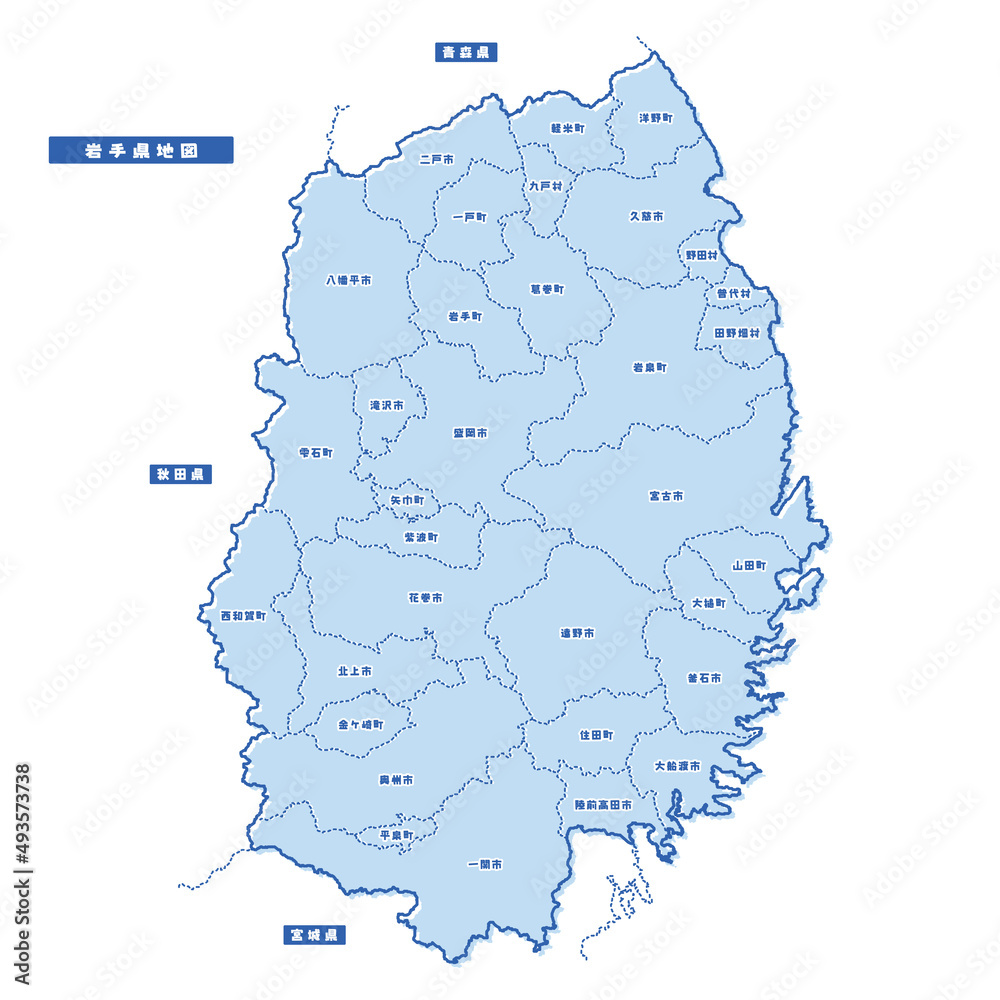 Obraz premium 岩手県地図 シンプル淡青 市区町村