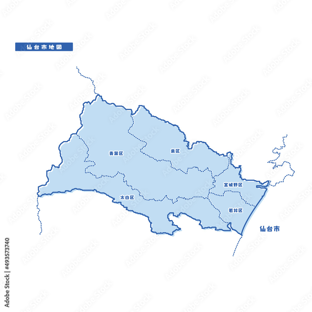 Fototapeta premium 仙台市地図 シンプル淡青 市区町村
