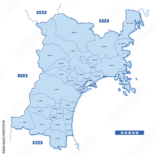 宮城県地図 シンプル淡青 市区町村