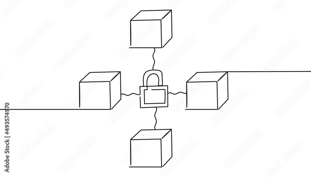 Blockchain technology security continuous one line drawing