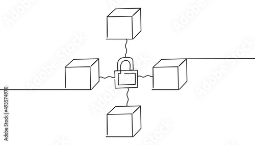 Blockchain technology security continuous one line drawing