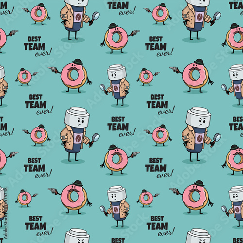 Coffee paper cup and donut as detectives partners, policemen investigating crime. Fast food seamless pattern. Hand drawn Comic doodle sketch style. Vector food illustration. The best team ever