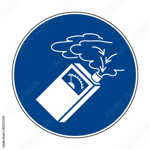 Use gas detector sign. Vector illustration of circular blue mandatory sign with gas detector icon inside. Gas leak symbol. Hazardous gases or vapours, explosive atmosphere concept.