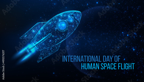 National day of human space flight concept. Futuristic modern abstract planet on blue background. Vector illustration