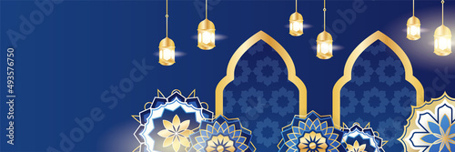 Islamic ramadan banner background with crescent pattern moon star mosque lantern. Vector illustration. Design for Eid Fitr, Eid Adha, Ashura, Islamic New Year, Muharram, Mawlid, Hajj, and Isra Miraj