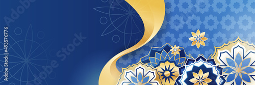 Islamic ramadan banner background with crescent pattern moon star mosque lantern. Vector illustration. Design for Eid Fitr, Eid Adha, Ashura, Islamic New Year, Muharram, Mawlid, Hajj, and Isra Miraj